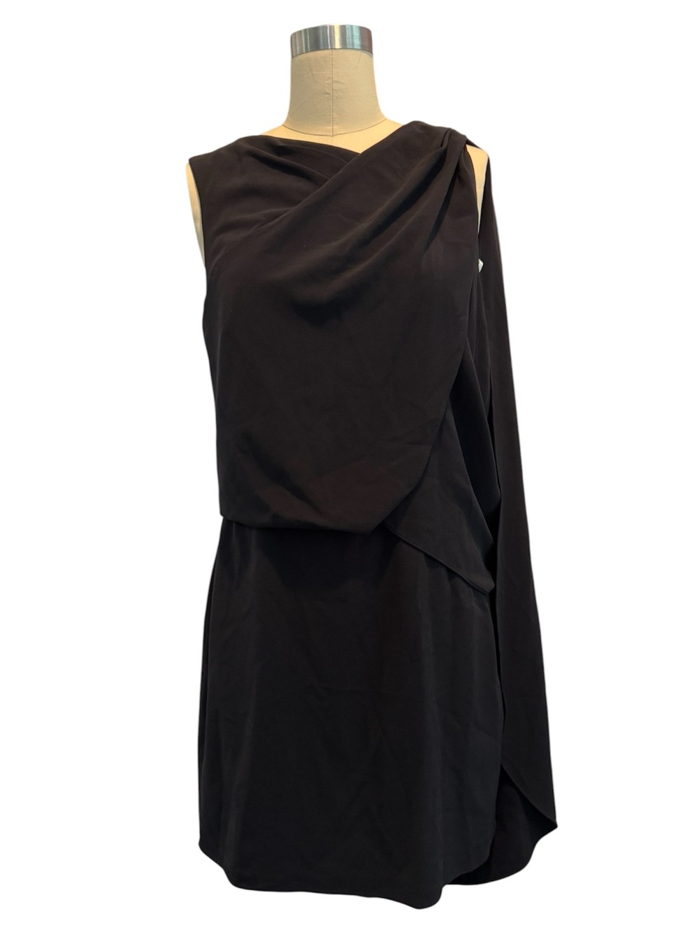 Halston Black One-Shoulder Cape Cocktail Dress – Size 6